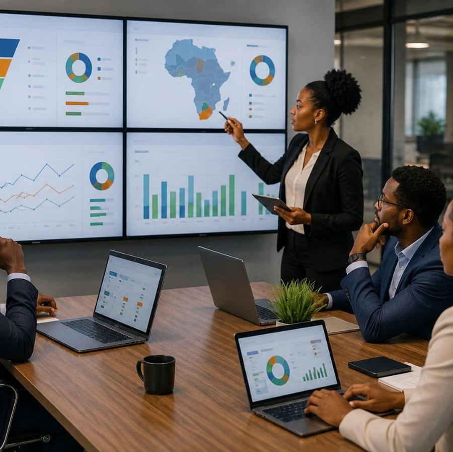 Conseillère présentant des indicateurs de performance à une équipe de direction
